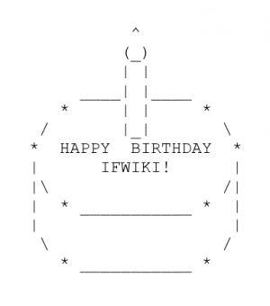 Image of a birthday cake that says "HAPPY BIRTHDAY IFWIKI!"